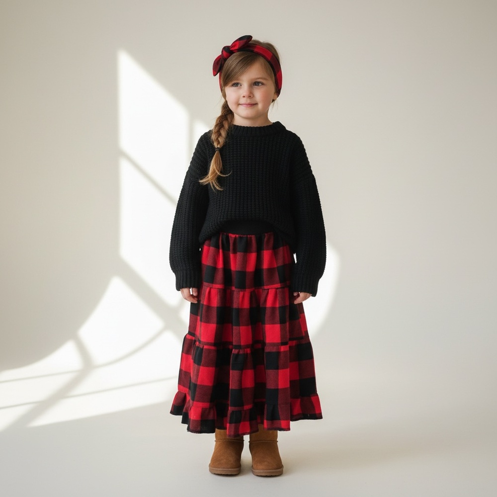 Skirt Flannel Girls 2/3 Maxi Red Buffalo Plaid Ruffle‎ Tier Mom and Pop's Kids
